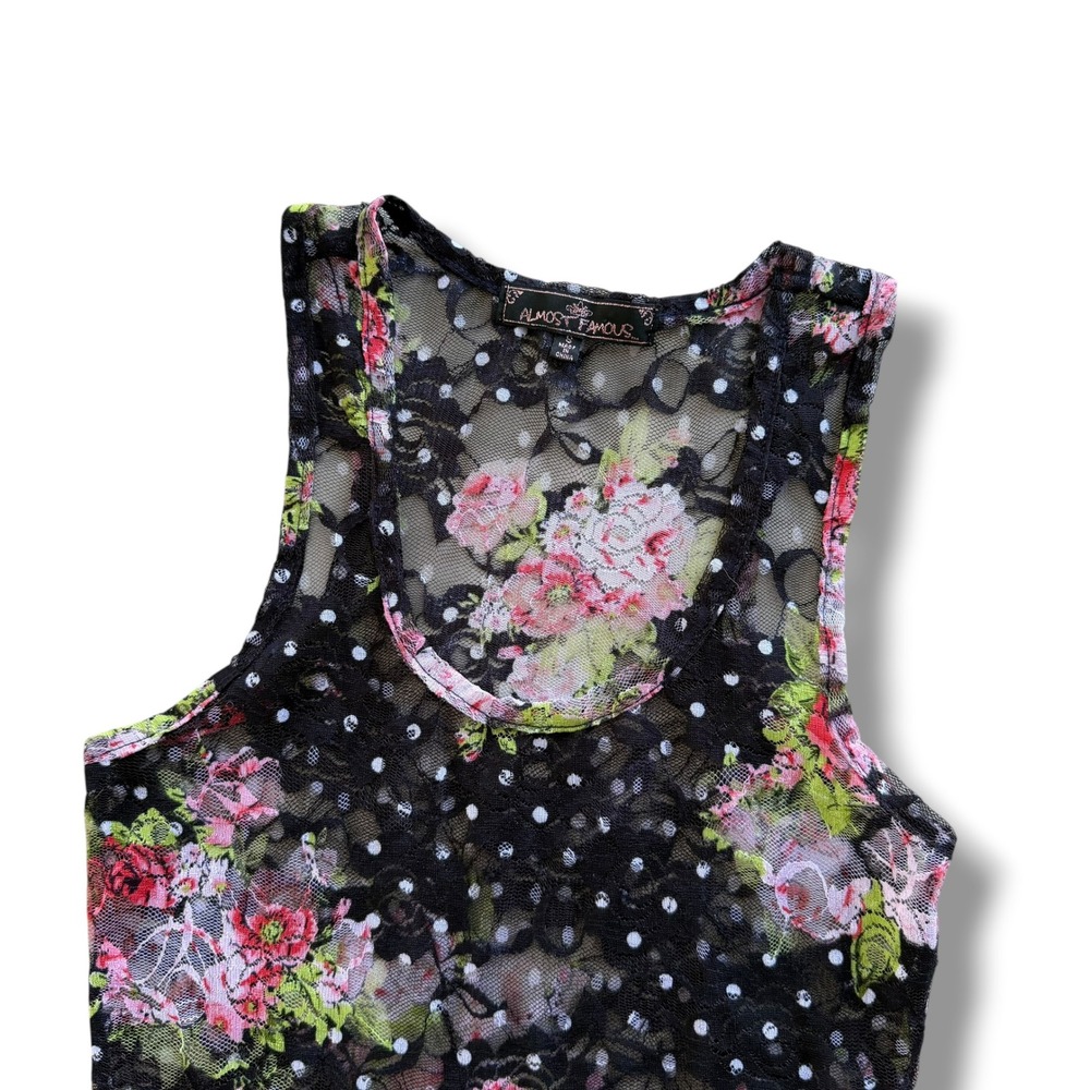 Almost Famous Womens S Black Pink Floral Polka Dot Sheer Lace Scoop Tank Top Y2K